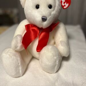 Ty 10” NWT Plush White Bear with Red Bow named Scrumptious